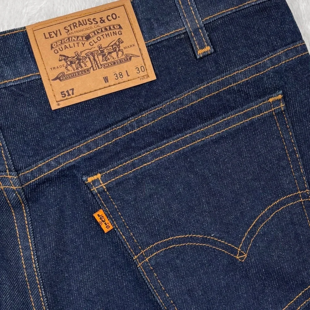 VINTAGE 90s Levis 517 Bootcut Jean Men 38x30 Dark Blue ORANGE TAB Made USA 20517
